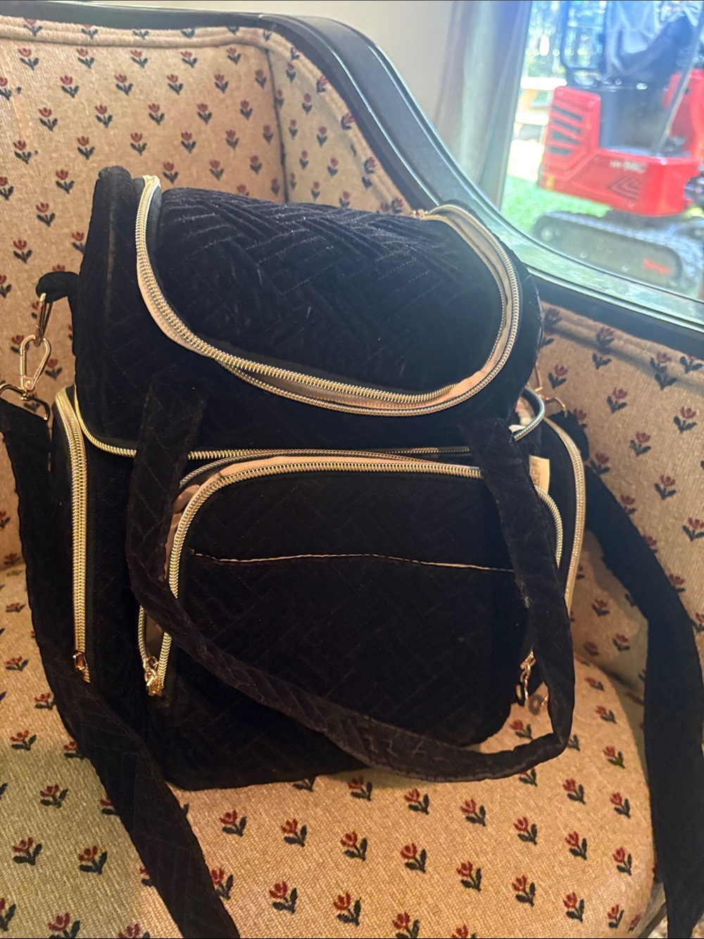 Black Quilted Velvet Backpack Purse with Gold Trim
